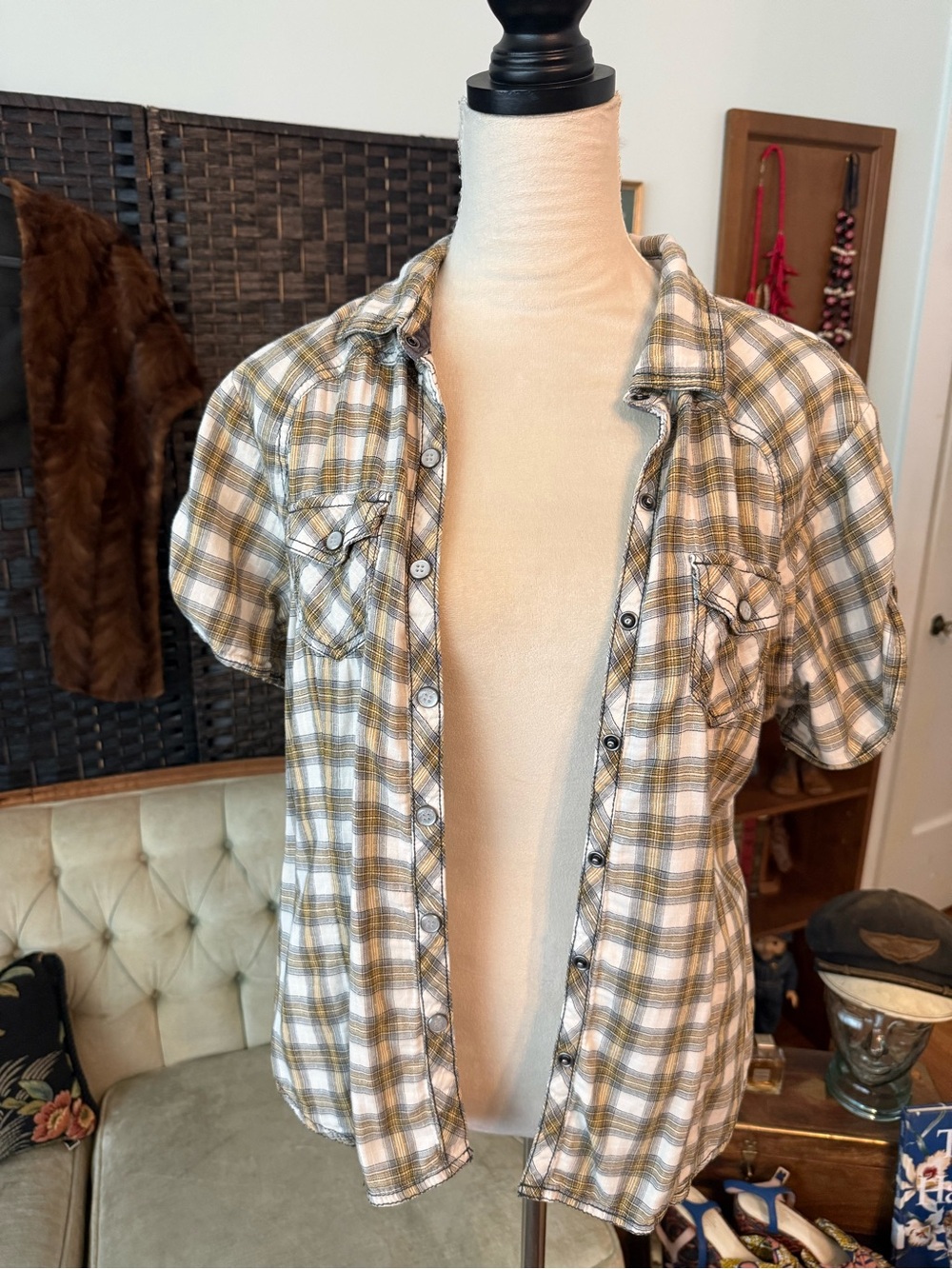 🏍️ Harley-Davidson Plaid Snap Button Women's Shirt Large Winged Back Logo Sz L - Picture 11 of 15